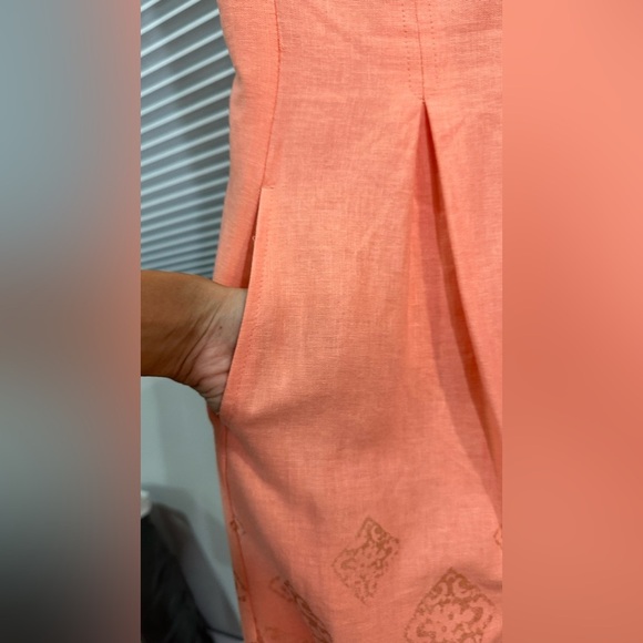 Nine West Linen Blend Coral Gold Stamped Design Pocket Dress 8 - Picture 6 of 11